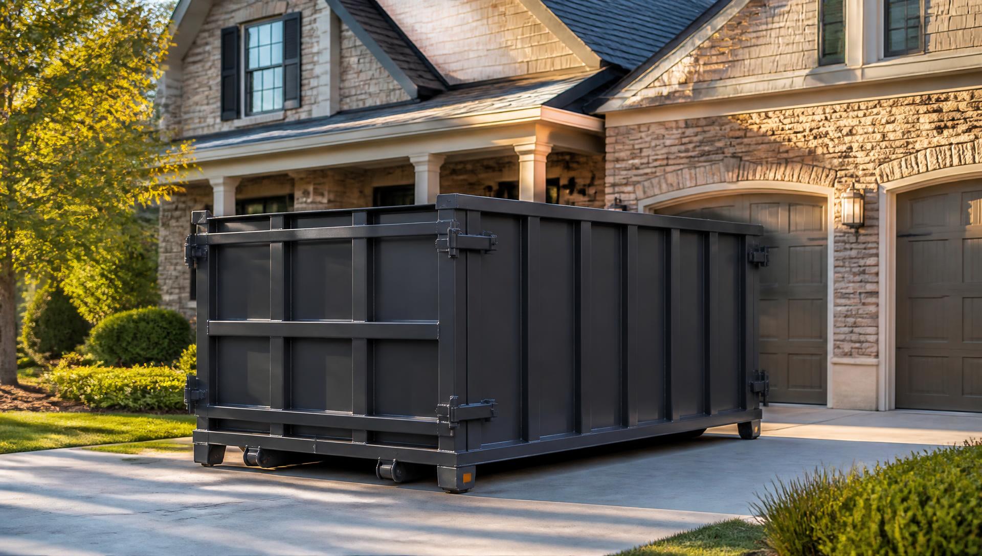 Charcoal roll-off dumpster placed on the driveway of a suburban home