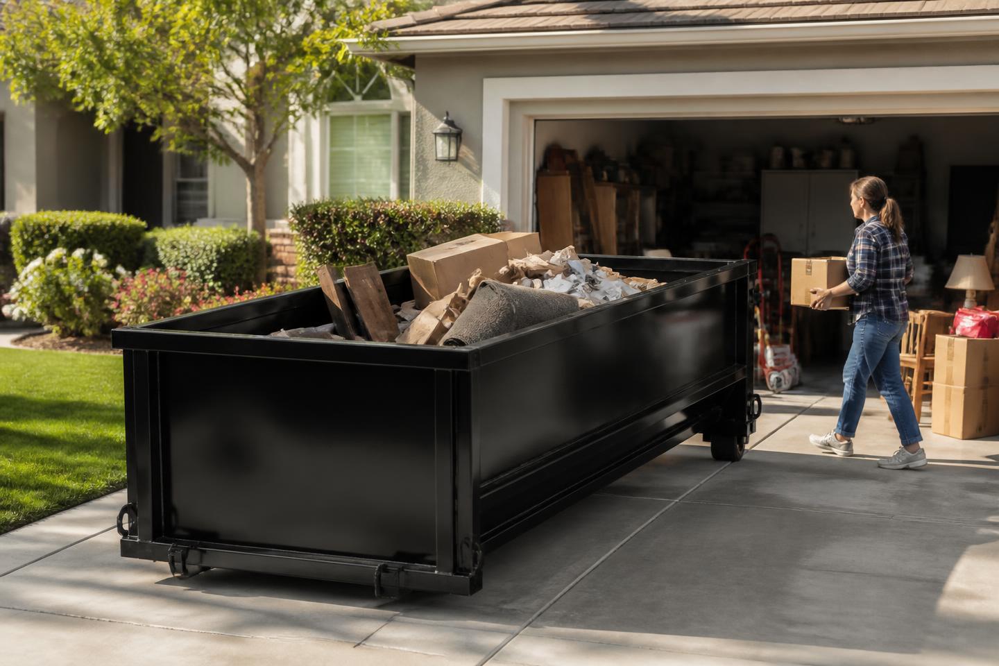 Homeowner loading boxes into a roll-off dumpster during a garage cleanout